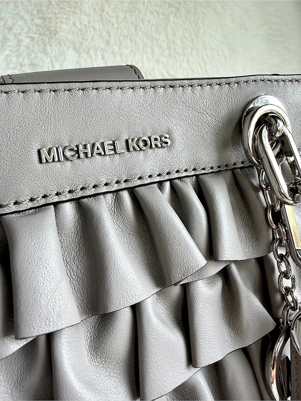 Michael Kors Cynthia Small Ruffled Satchel Gray Silver-Tone Hardwar - Picture 9 of 16